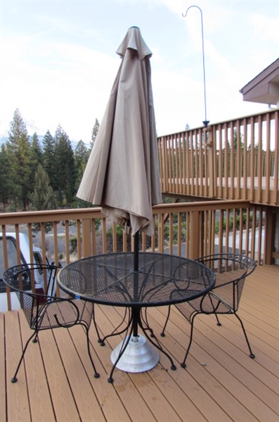 METAL PATIO TABLE, 2 CHAIRS & UMBRELLA