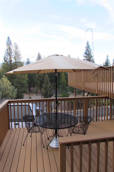 METAL PATIO TABLE, 2 CHAIRS & UMBRELLA