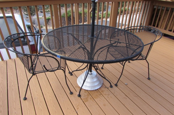 METAL PATIO TABLE, 2 CHAIRS & UMBRELLA