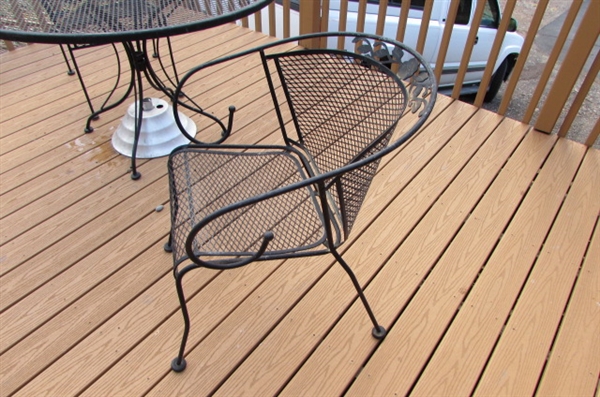 METAL PATIO TABLE, 2 CHAIRS & UMBRELLA