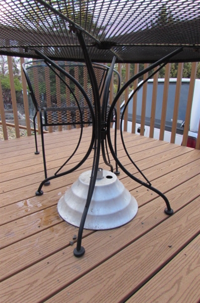 METAL PATIO TABLE, 2 CHAIRS & UMBRELLA