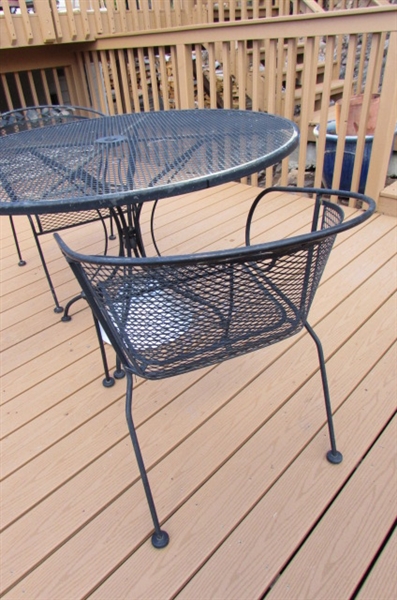 METAL PATIO TABLE, 2 CHAIRS & UMBRELLA