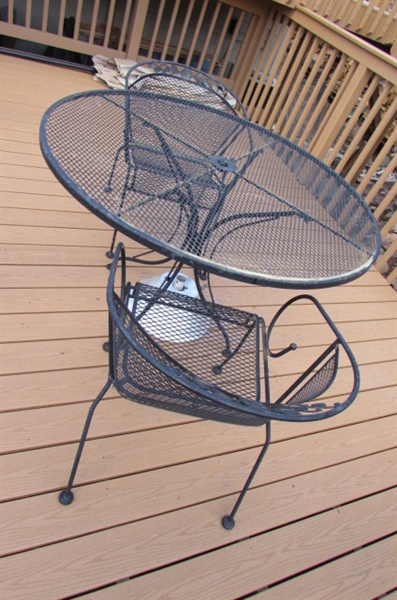 METAL PATIO TABLE, 2 CHAIRS & UMBRELLA