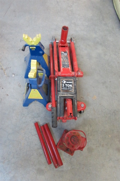 HUSKY 3-TON FLOOR JACK, JACK STANDS & HYDRAULIC BOTTLE JACK