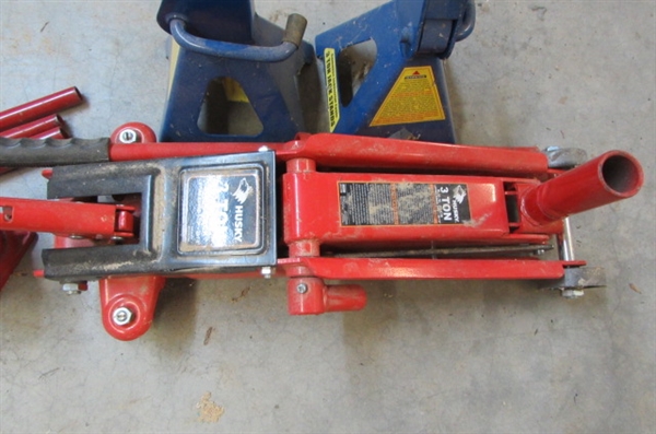 HUSKY 3-TON FLOOR JACK, JACK STANDS & HYDRAULIC BOTTLE JACK