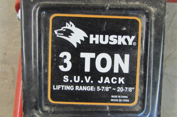 HUSKY 3-TON FLOOR JACK, JACK STANDS & HYDRAULIC BOTTLE JACK