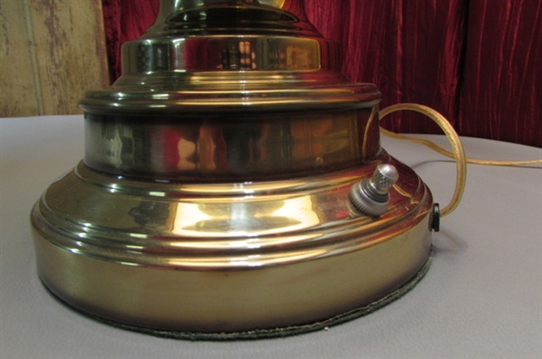 BRASS REMBRANDT TABLE LAMP & VINTAGE FRAMED FLORAL PRINT