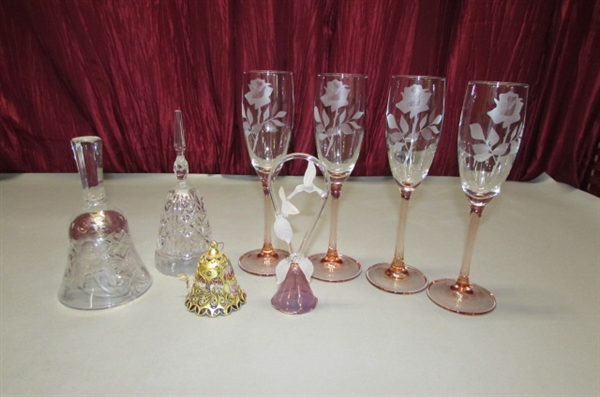 CRYSTAL, GLASS, CLOISONNE BELLS & PRETTY CHAMPAGNE FLUTES