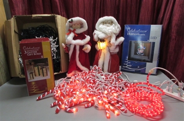 ANIMATED SANTA & MRS CLAUSE & VARIOUS CHRISTMAS LIGHTS & DECOR