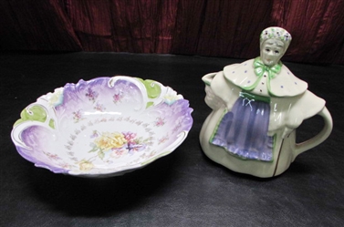1940S GRANNY ANN TEAPOT AND ROSE AND PANSY BOWL