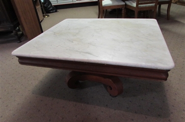 ANTIQUE WOOD & MARBLE COFFEE TABLE