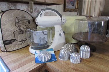 RIVAL STAND MIXER, WOOD CAKE STAND, MOLDS & MORE