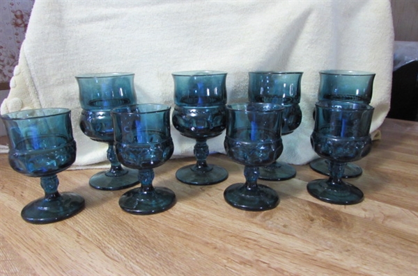 VINTAGE BLUE THUMBPRINT WINE GLASSES/GOBLETS, SILVERPLATE CRUET SET/CANDY JAR/ICE BUCKET