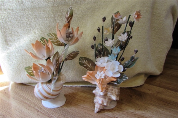 COLLECTION OF HANDCRAFTED SHELL & GLASS FLORAL ARRANGEMENTS