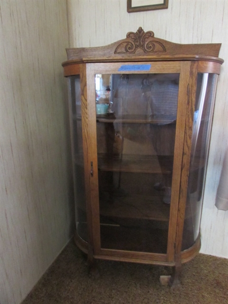 ANTIQUE CURIO CABINET WITH CURVED GLASS