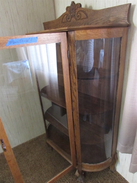 ANTIQUE CURIO CABINET WITH CURVED GLASS