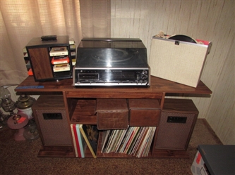 SOUNDESIGN AM/FM STEREO TURNTABLE w/8-TRACK PLAYER, RECORDS & 8-TRACK TAPES