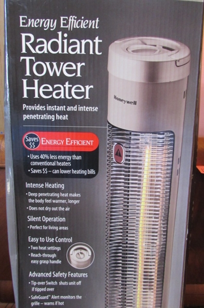 HONEYWELL RADIANT TOWER HEATER & 2 BOX FANS