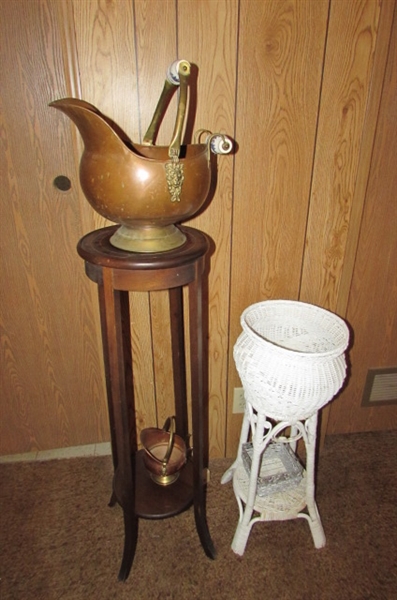 WOOD STAND WITH COPPER VESSELS, WICKER PLANT STAND