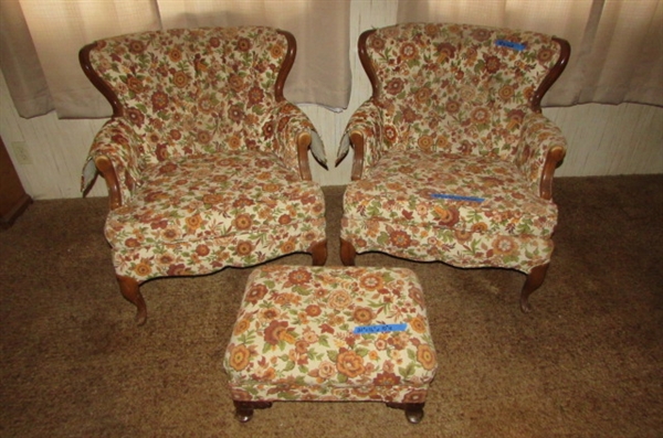 PAIR OF VINTAGE CHAIRS & MATCHING OTTOMAN