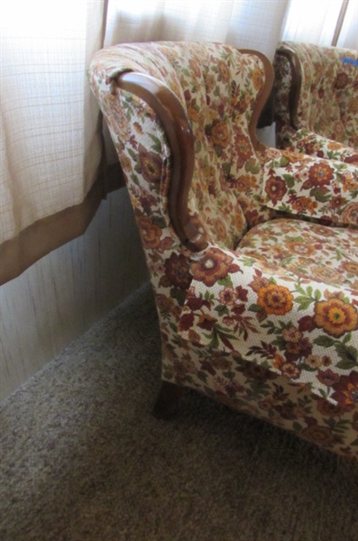PAIR OF VINTAGE CHAIRS & MATCHING OTTOMAN