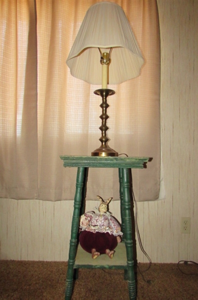 TALL WOOD TABLE/PLANT STAND WITH LAMP & BUNNY