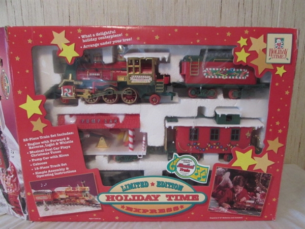 HOLIDAY TIME EXPRESS TRAIN SET & CHRISTMAS WREATHS & TOYS