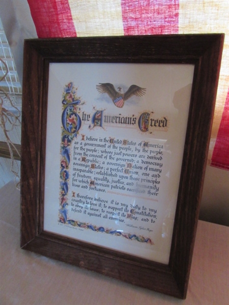 FRAMED AMERICAN CREED AND FLAGS