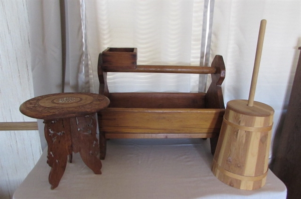 PRIMITIVE WOOD BOX, WOOD TABLE, AND BUTTER CHURN