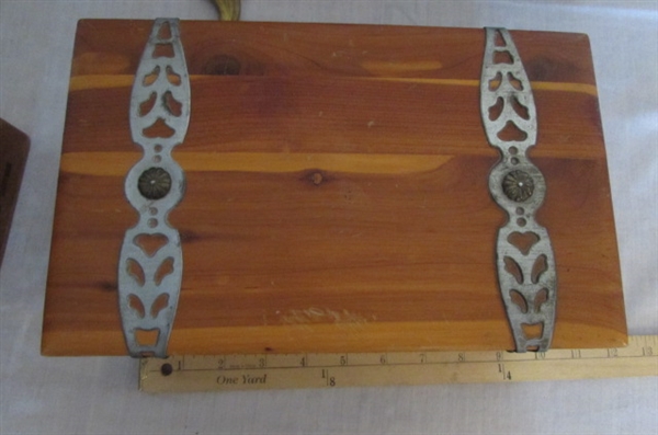 WOOD BOXES, BRASS STATUES, WALL MOUNT PLATE HOLDERS