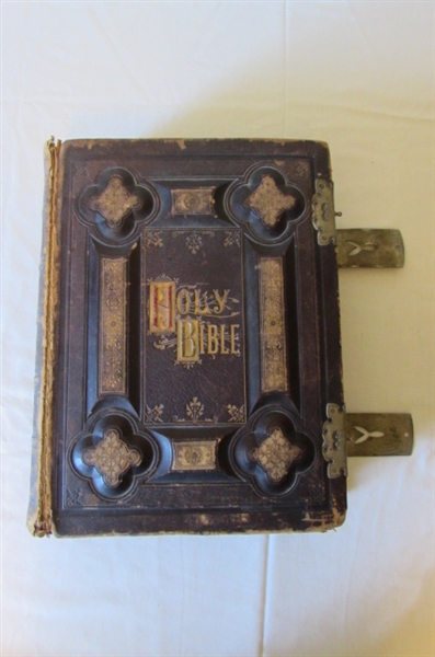 LARGE ANTIQUE LEATHER BOUND AND METAL HOLY BIBLE