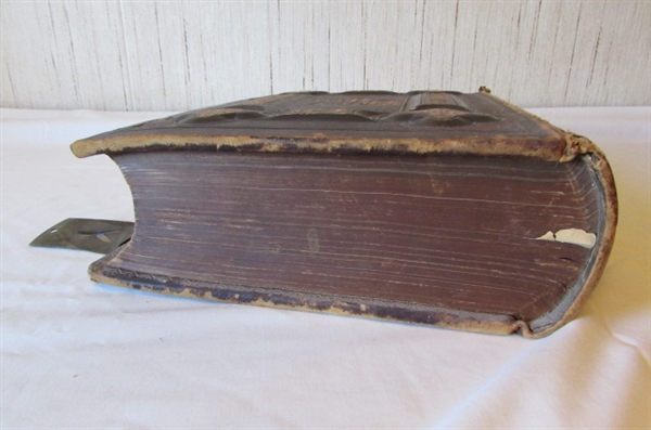 LARGE ANTIQUE LEATHER BOUND AND METAL HOLY BIBLE
