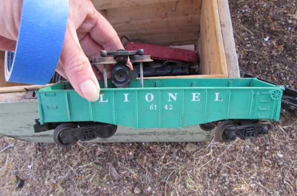 WOODEN TOY CHEST AND LARGE MODEL TRAIN ENGINES, CARS & TRACK