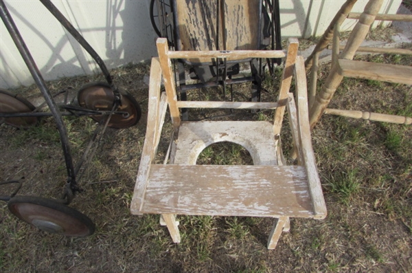 ANTIQUE CHILDRENS WAGON, CARRIAGE FRAME, HIGH CHAIR, AND MORE!