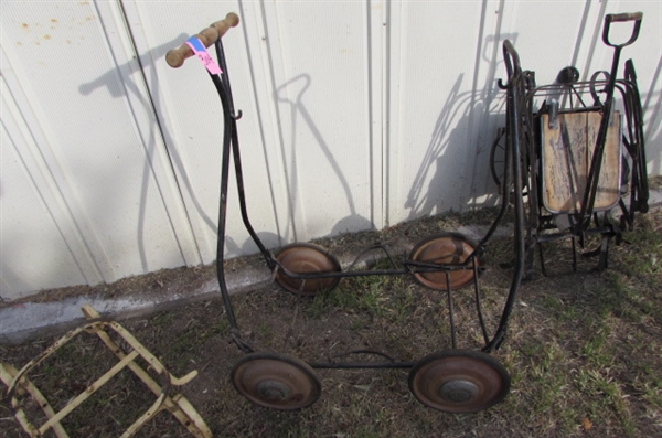 ANTIQUE CHILDRENS WAGON, CARRIAGE FRAME, HIGH CHAIR, AND MORE!