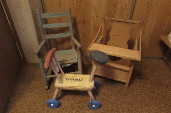 ANTIQUE CHILDS ROCKING CHAIR, SCOOTER, AND POTTY CHAIR