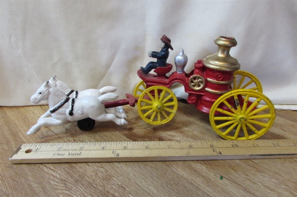 VINTAGE CAST IRON HORSE DRAWN FIRE WAGON - PAINTED