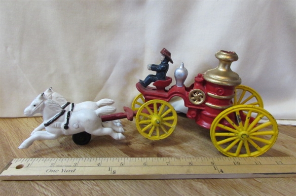 VINTAGE CAST IRON HORSE DRAWN FIRE WAGON - PAINTED
