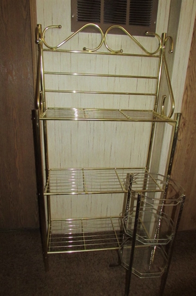 GOLD TONE 3 SHELF BAKERS RACK & 3 TIER PLANT STAND