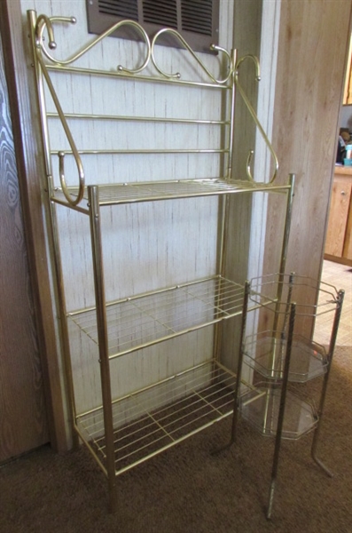 GOLD TONE 3 SHELF BAKERS RACK & 3 TIER PLANT STAND