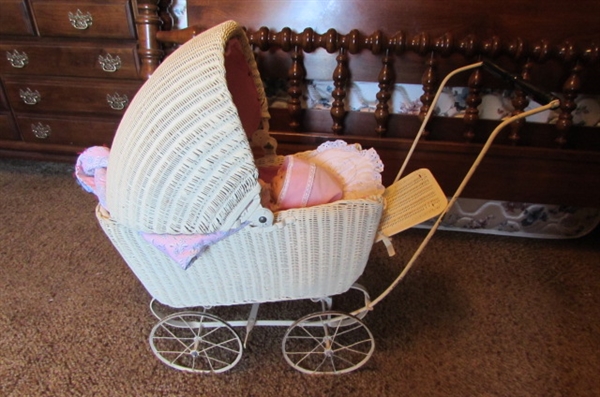 VINTAGE WICKER BABY BUGGY AND BABY DOLL
