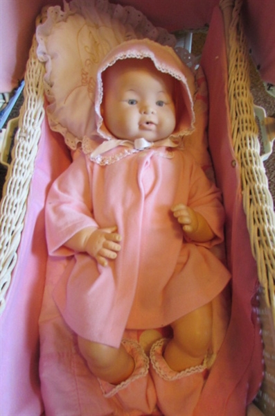 VINTAGE WICKER BABY BUGGY AND BABY DOLL