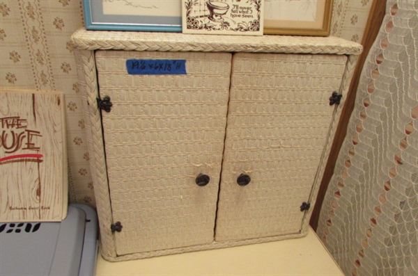 VINTAGE RATTAN WALL CABINET, FLOOR CABINET, LAUNDRY BASKET, WIRE ORGANIZERS & DECOR