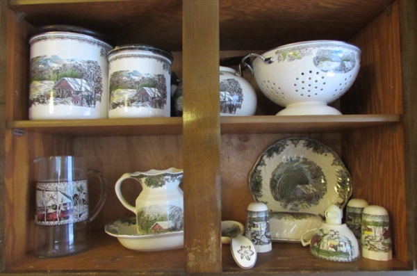 'FRIENDLY VILLAGE' COVERED BUTTER DISH, CANISTERS, PITCHER, TEAPOT & MORE