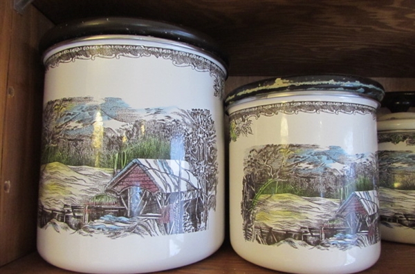 'FRIENDLY VILLAGE' COVERED BUTTER DISH, CANISTERS, PITCHER, TEAPOT & MORE