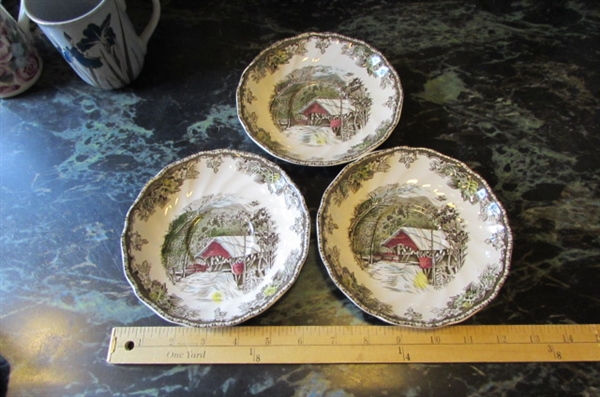'FRIENDLY VILLAGE' SALAD PLATES, BOWLS, CUPS, SAUCERS & GLASSES The Covered Bridge PATTERN