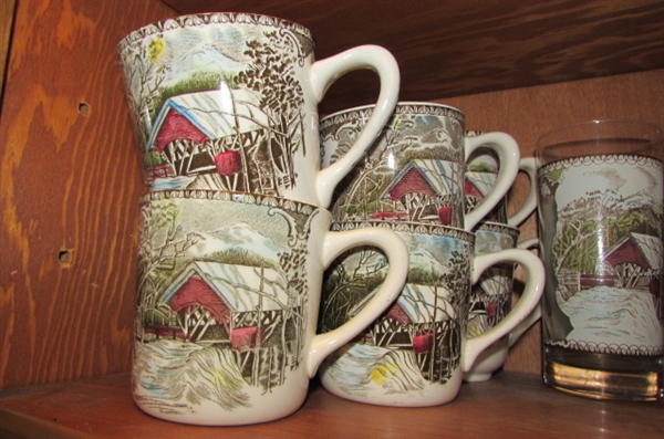 'FRIENDLY VILLAGE' SALAD PLATES, BOWLS, CUPS, SAUCERS & GLASSES The Covered Bridge PATTERN