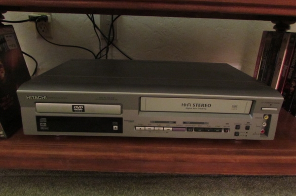 37 LG TV, HITACHI DVD/VHS PLAYER, MAPLE STAND, DVD'S & VHS MOVIES