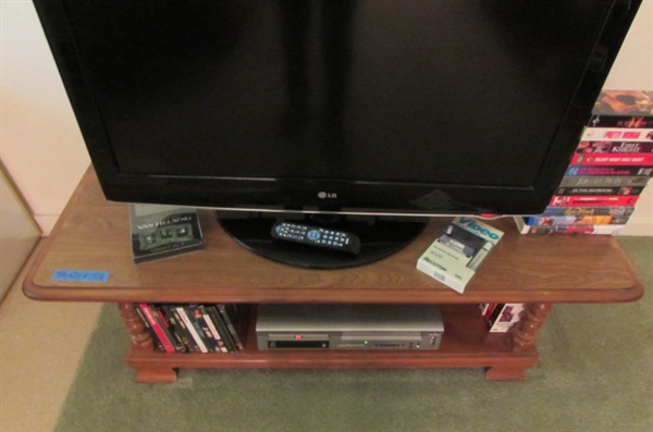 37 LG TV, HITACHI DVD/VHS PLAYER, MAPLE STAND, DVD'S & VHS MOVIES