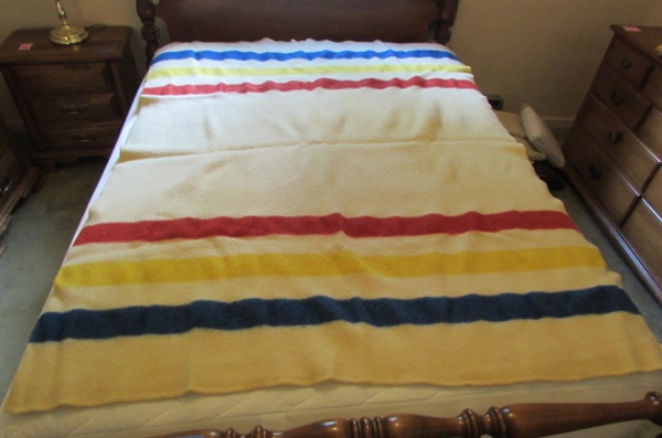 METAL QUILT RACK WITH QUILT, VTG WOOL BLANKET & HAND CROCHETED THROW